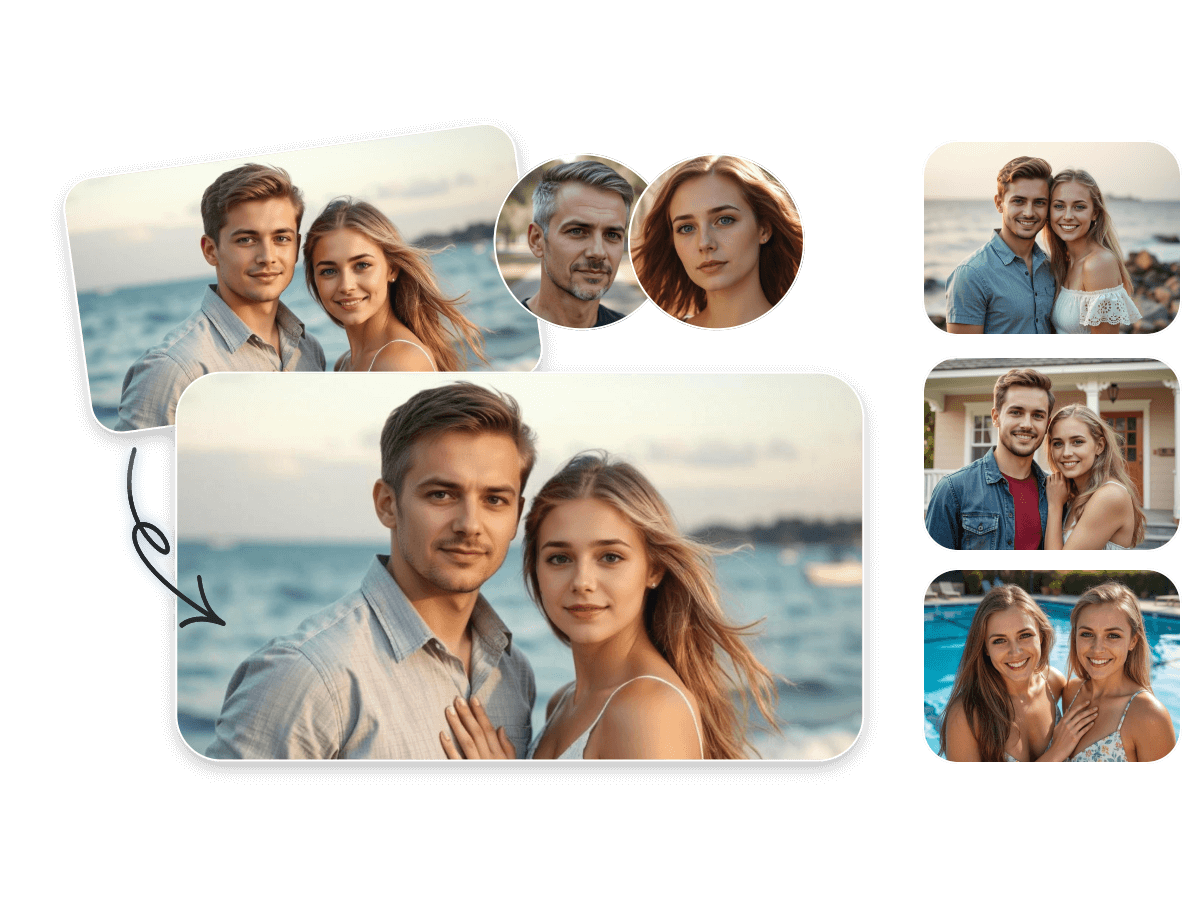 Use multiple image sources to swap faces in a couple photo by the sea