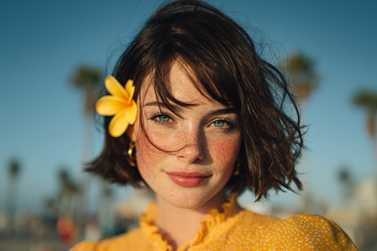 A picture of a girl with short hair wearing a yellow flower in her ear