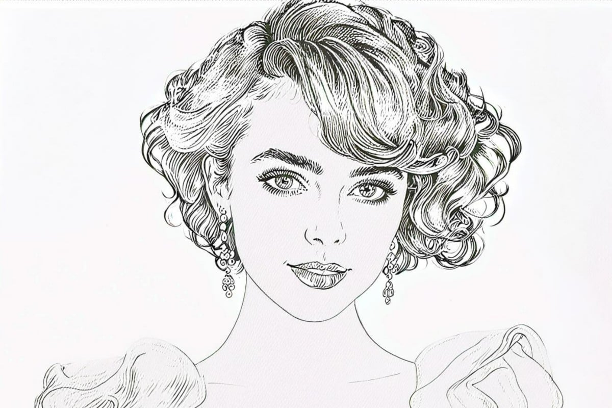 Banner image of a girl with modern curly hair and long earrings with flowers and diamonds after applying the sketch filter