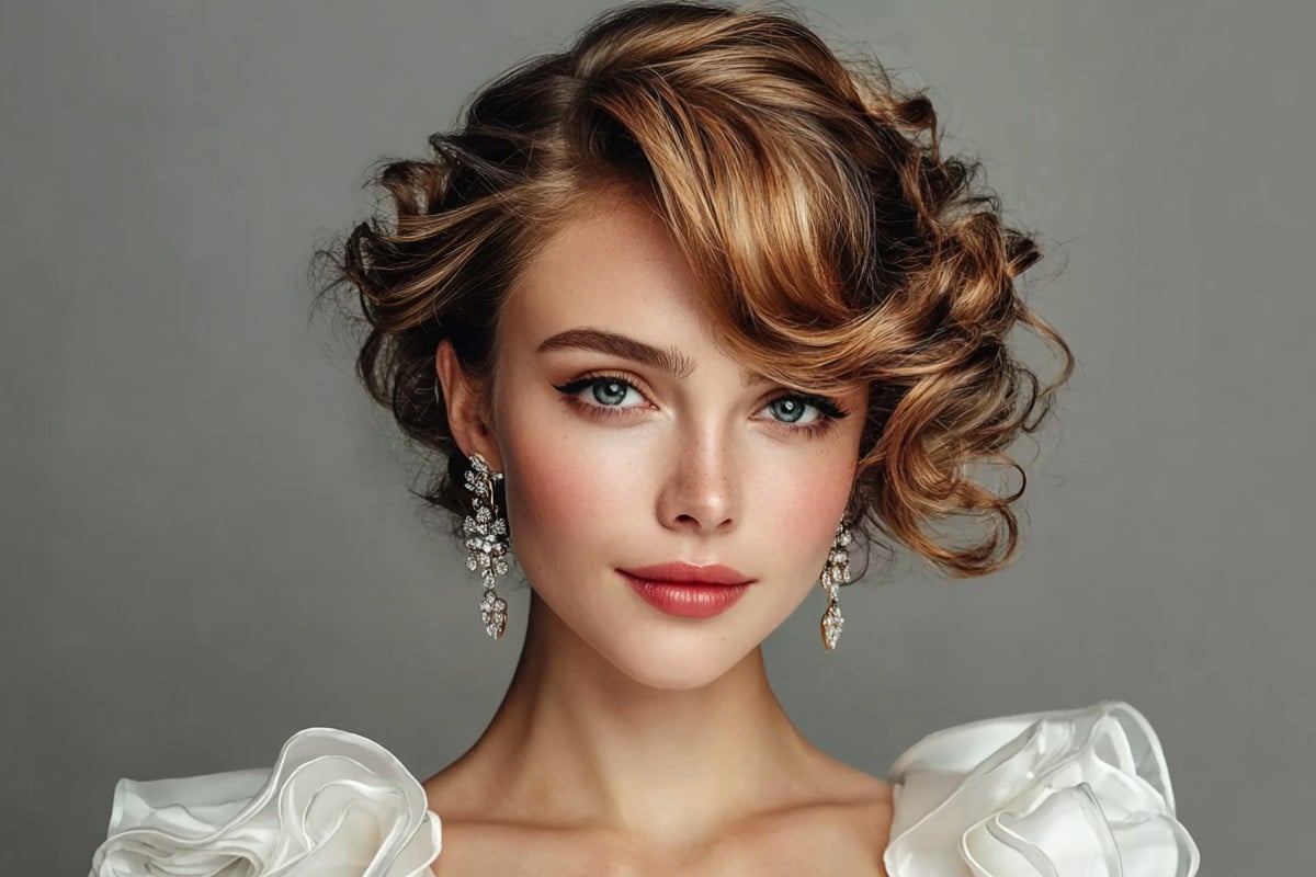 Banner image of a girl with modern curly hair and long earrings with flowers and diamonds before applying the sketch filter