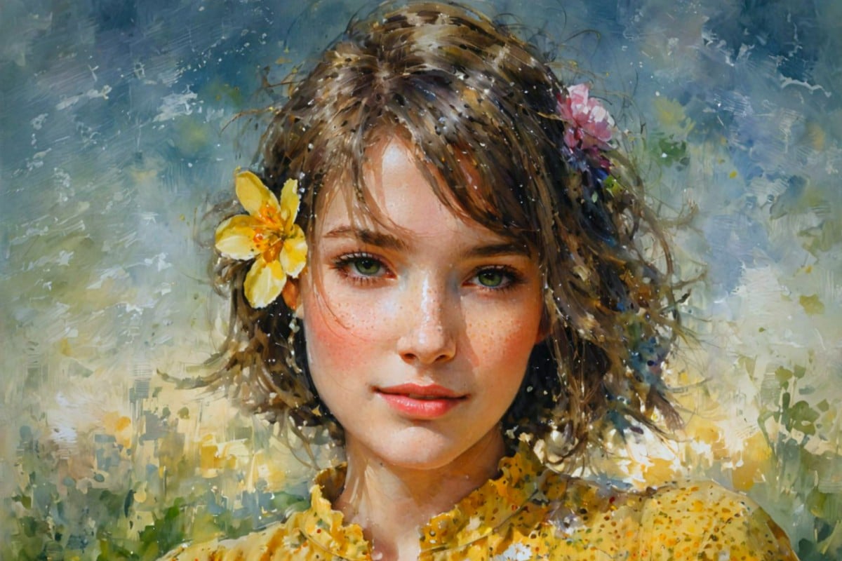 Turn the picture of a girl with short hair wearing a yellow flower in her ear into watercolor with Facewow