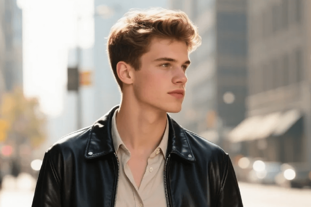 A photo of a handsome man with short hair wearing a black jacket