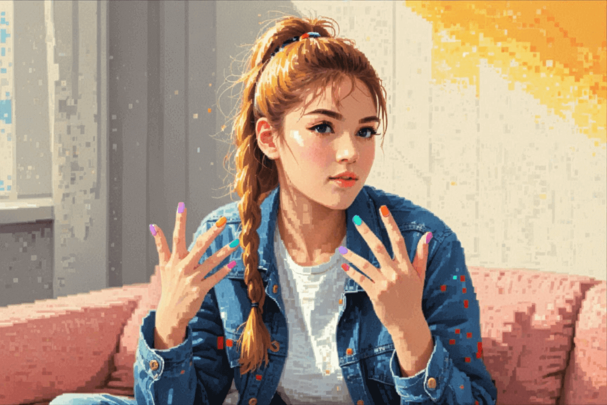 An image of a girl with a ponytail in a blue denim jacket converted into pixel art in facewow