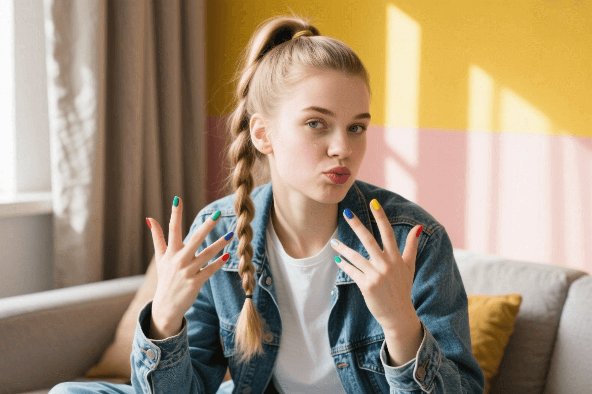 An original image of a girl with a ponytail in a blue denim jacket