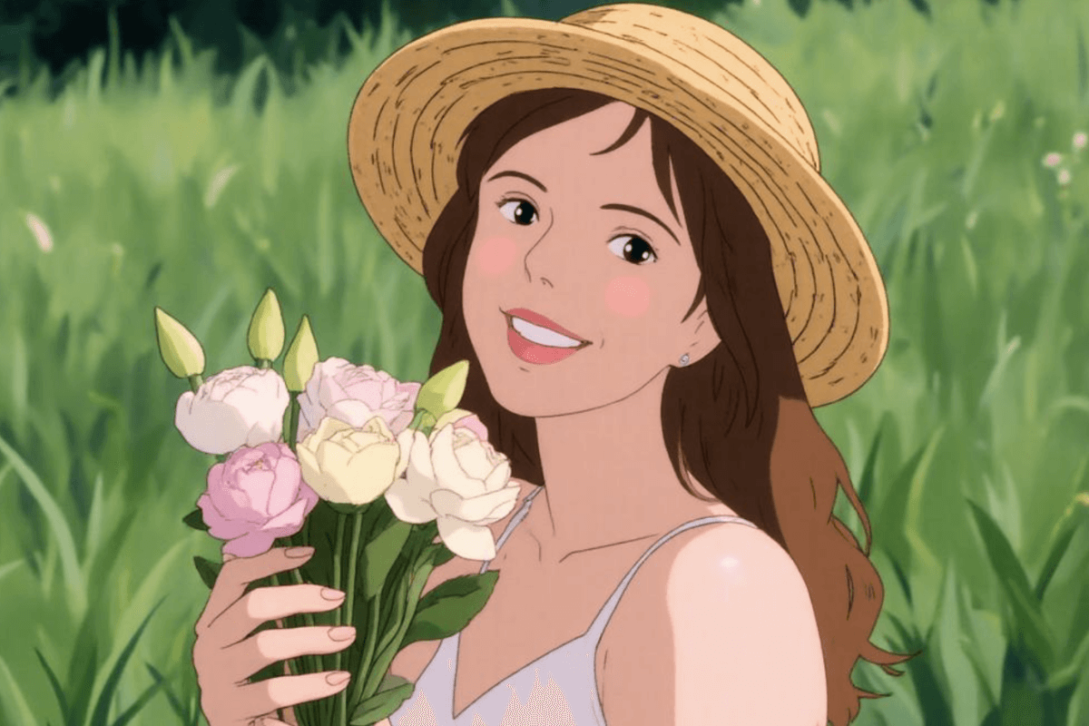 Ghibli style version of a lady with a straw hat