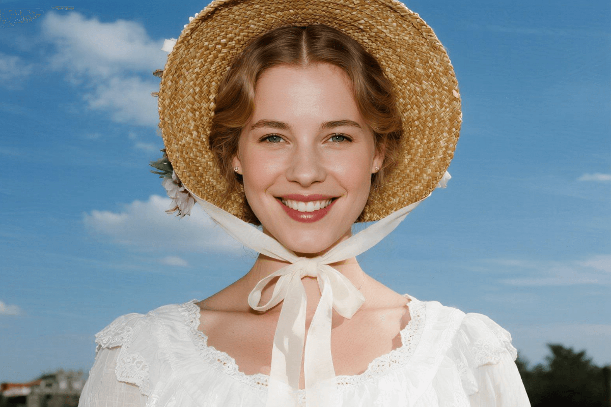 Original photo of a girl wearing a white dress and a straw hat