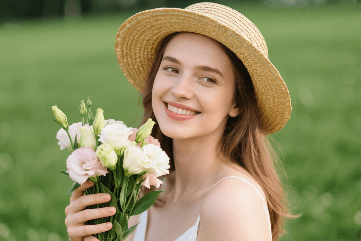 Original sample photo of a lady with a straw hat