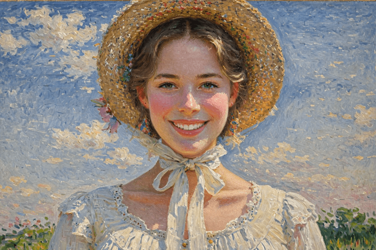 Painting version of a girl wearing a white dress and a straw hat