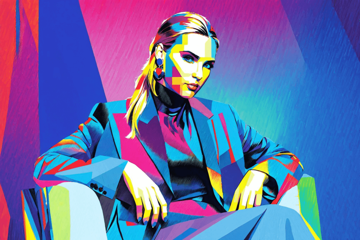 Pop art style photo of a blond lady with a gray suit