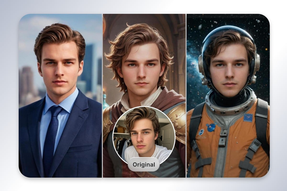 AI portrait generator effect contrast photo featuring a man in business game and astronaut styles