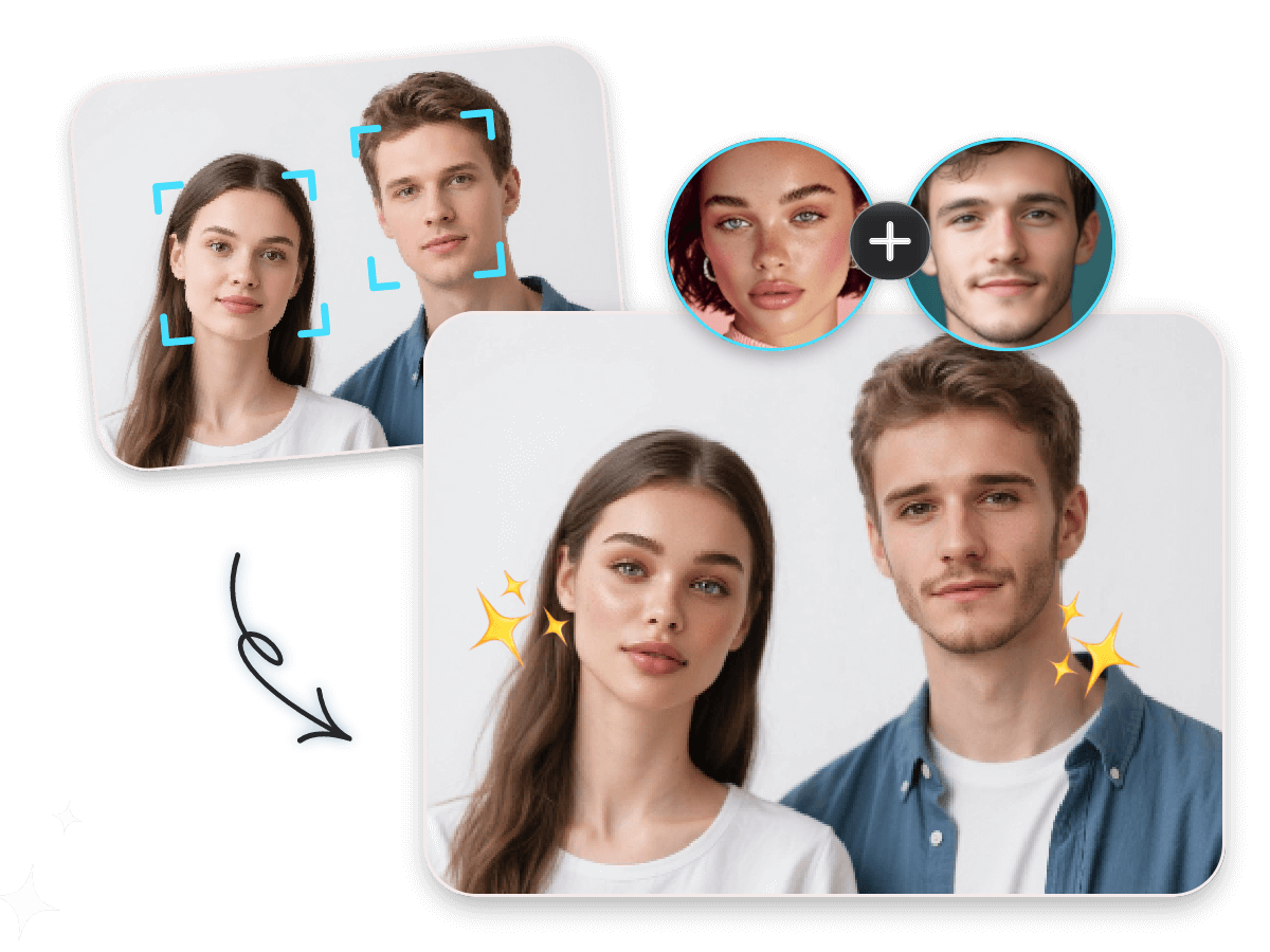 Swap the faces of a girl with short hair and a guy with a mustache onto a couples photo with facewow multiple face swapper