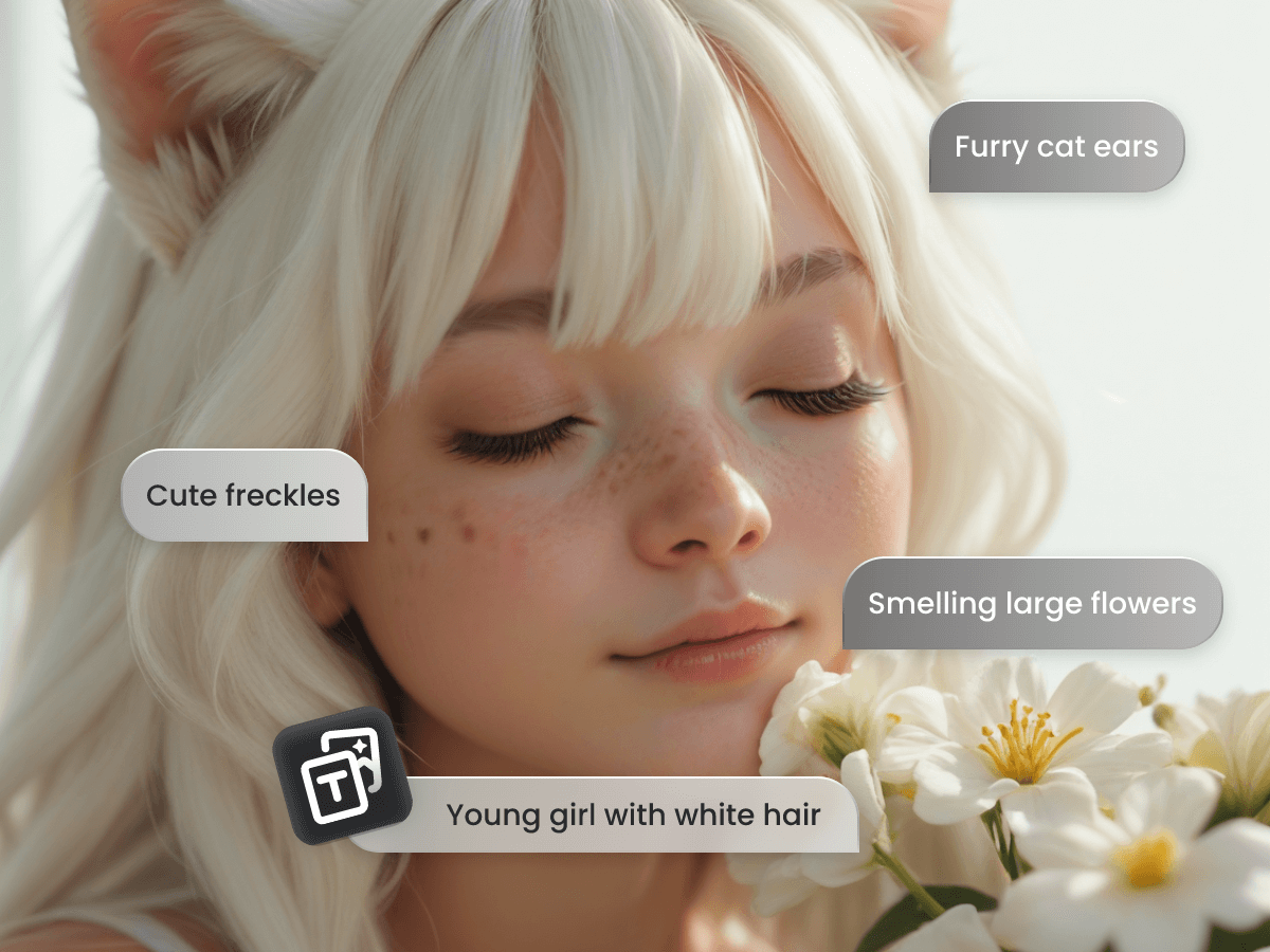 Facewow ai image generator banner picture showing a catgirl smelling flower