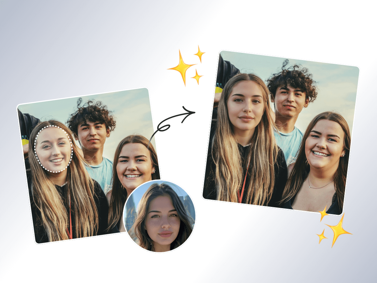 Swap a beautiful girl photo with a girl in a group photo in facewow